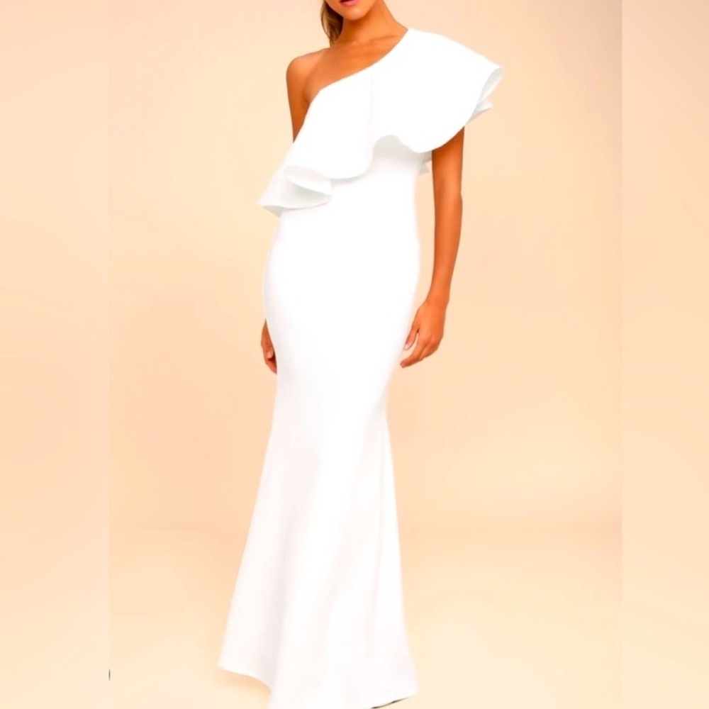 Lulu's White One-Shoulder Ruffle Mermaid Gown